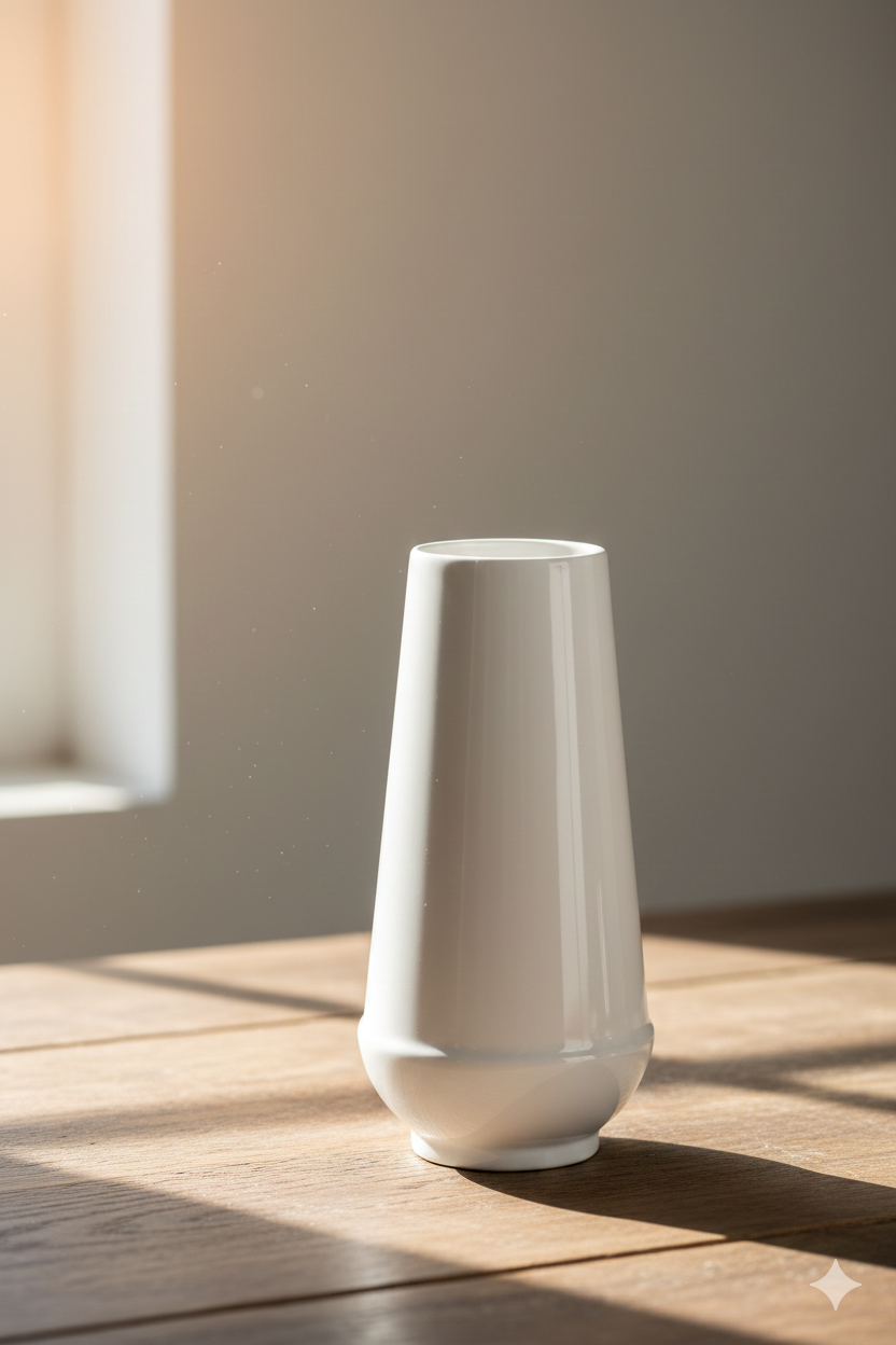 White ceramic vase on a wooden surface with soft lighting