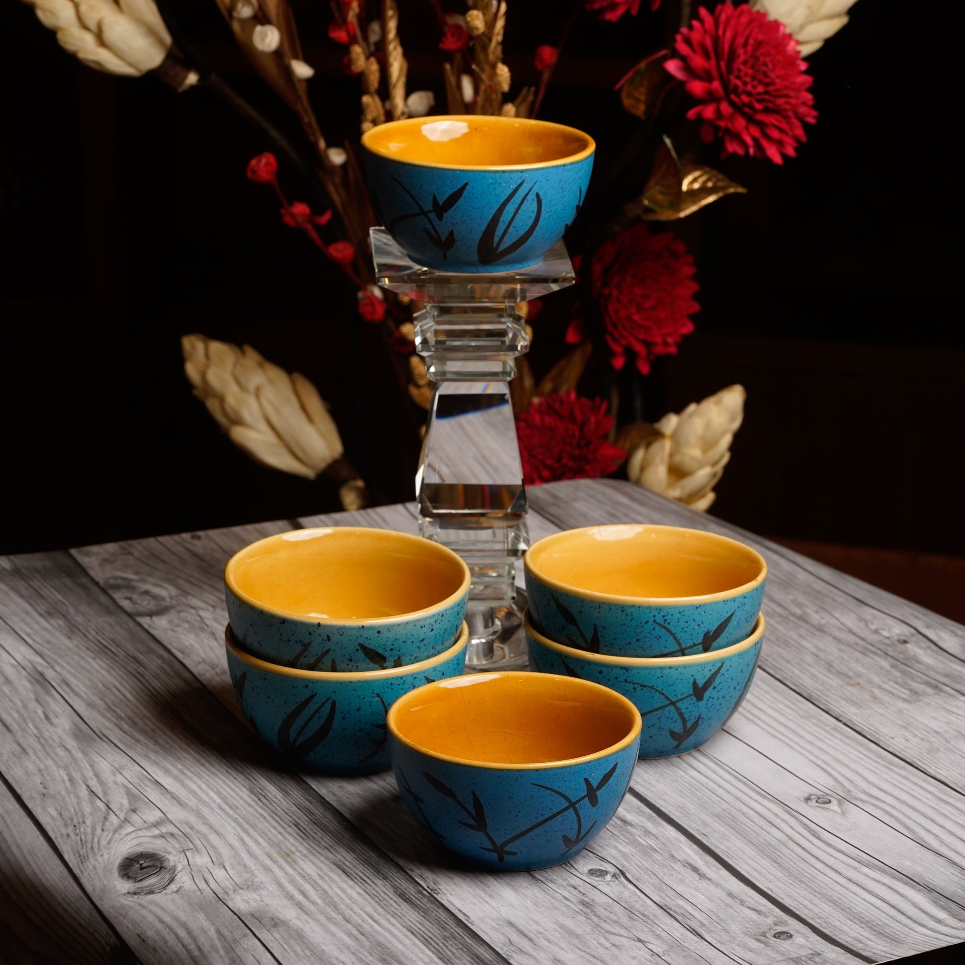 Caffeine Ceramic Handmade Golden Turquoise Katori Bowl- Set of 6 - Caffeine Premium Stoneware
