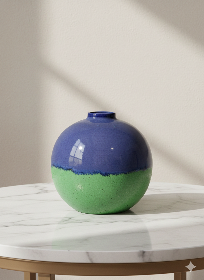 Green and blue ceramic vase on a marble surface with a neutral background