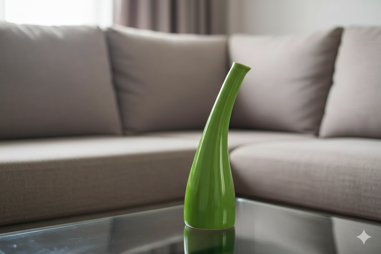 Green vase on a glass table with a beige sofa in the background