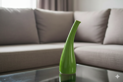 Green vase on a glass table with a beige sofa in the background