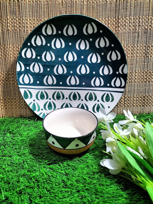 Caffeine Ceramic Handmade Green mughal Combo Dinner Set (3 pcs.)
