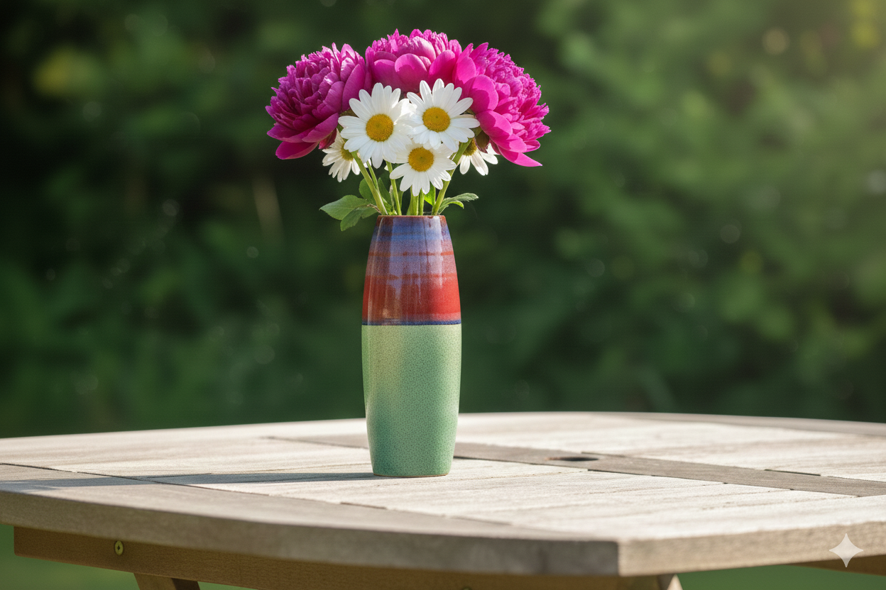 Vase with pink and white flowers on a wooden table outdoors