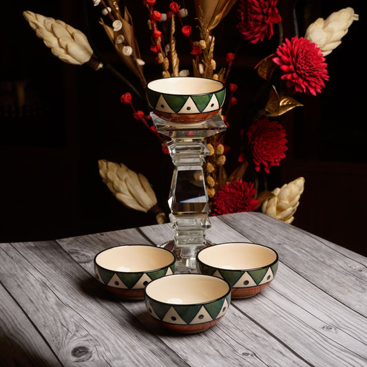 Caffeine Ceramic Handmade Green Tribal Katori Bowl (Set of 4) - Caffeine Premium Stoneware