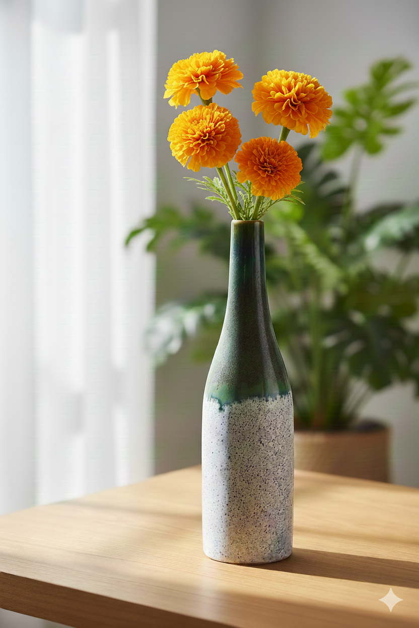 Decorative vase with orange flowers on a wooden surface