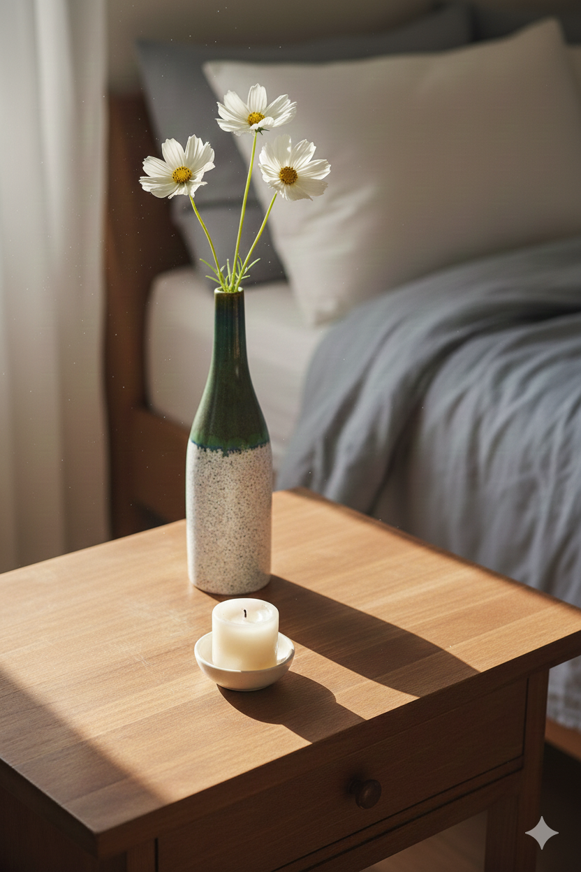 Vase with flowers and a candle on a wooden surface in a room setting