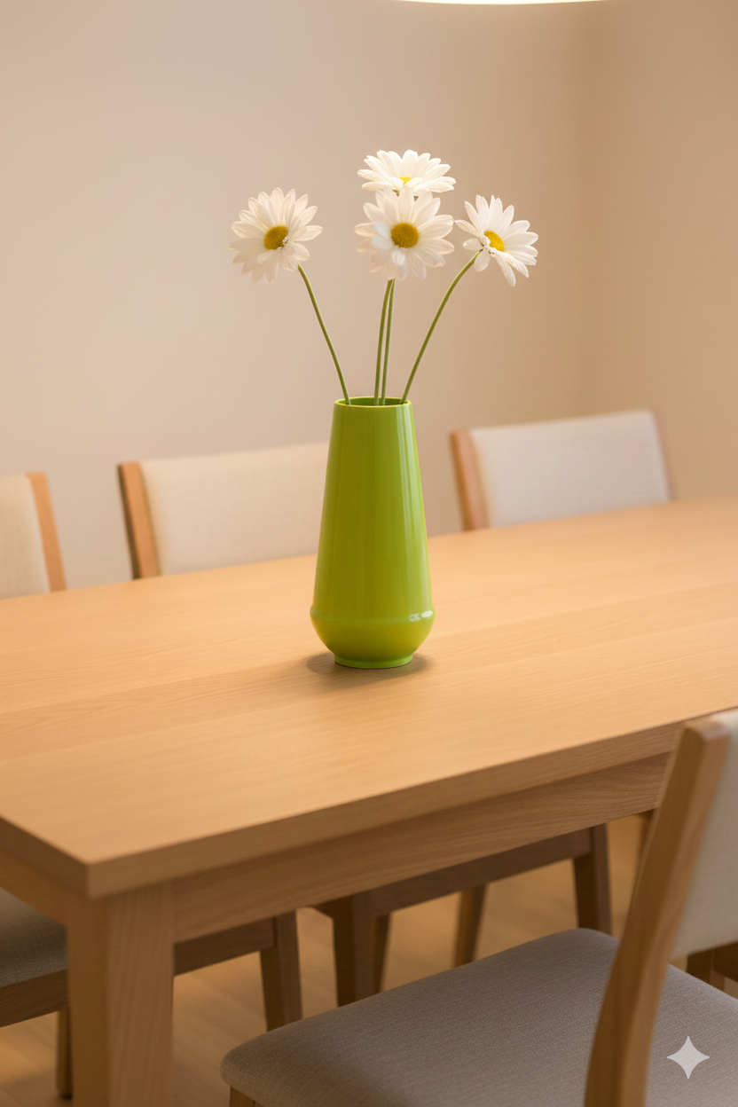 Green vase with white flowers on a wooden table in a dining room.