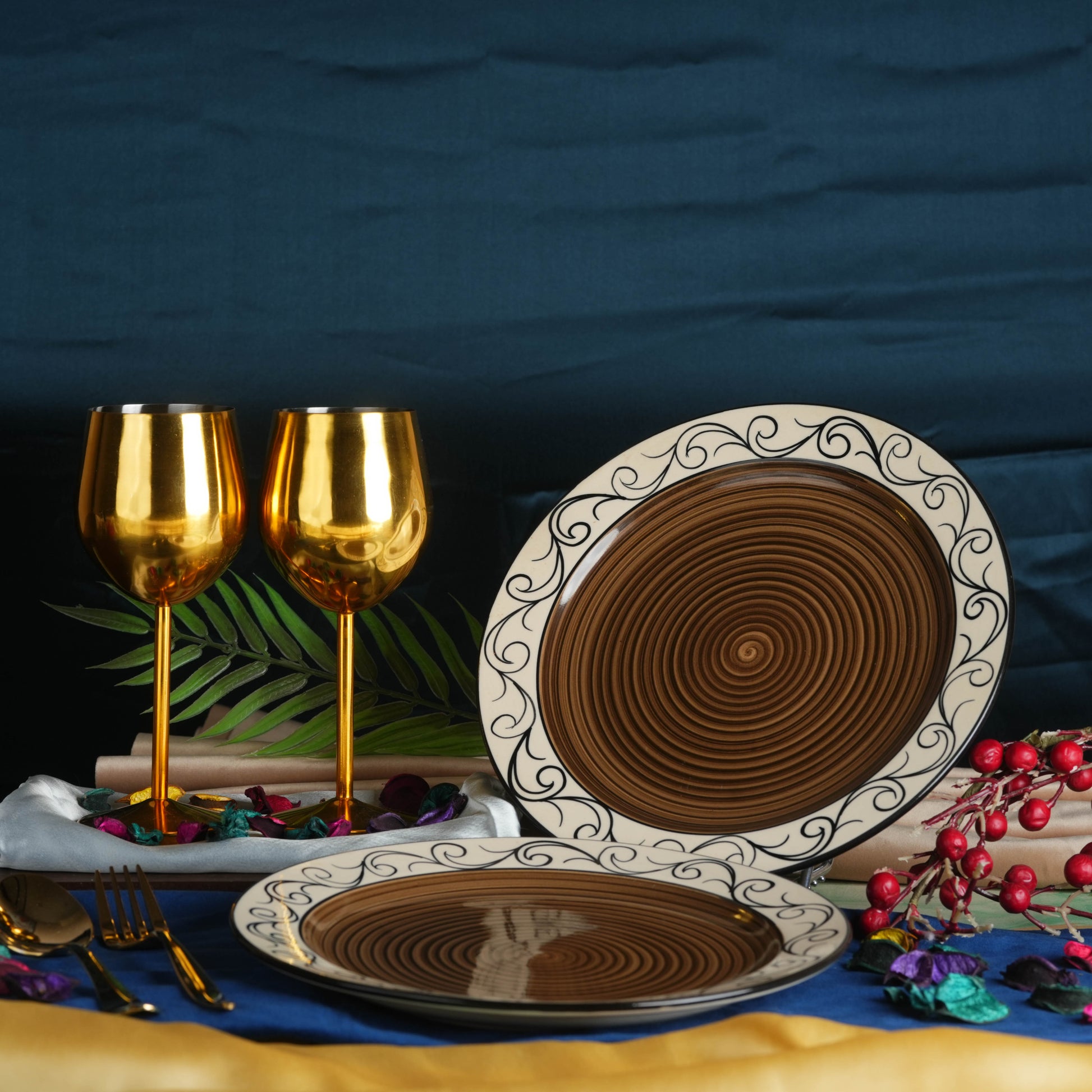 Caffeine Ceramic Handmade Brown Doodle Dinner Plate set of 4 - Caffeine Premium Stoneware