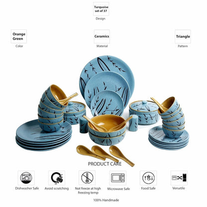 Caffeine Ceramic Handmade Golden Turquoise Dinner Set (37 pieces - Microwave & Dishwasher Safe) - Caffeine Premium Stoneware