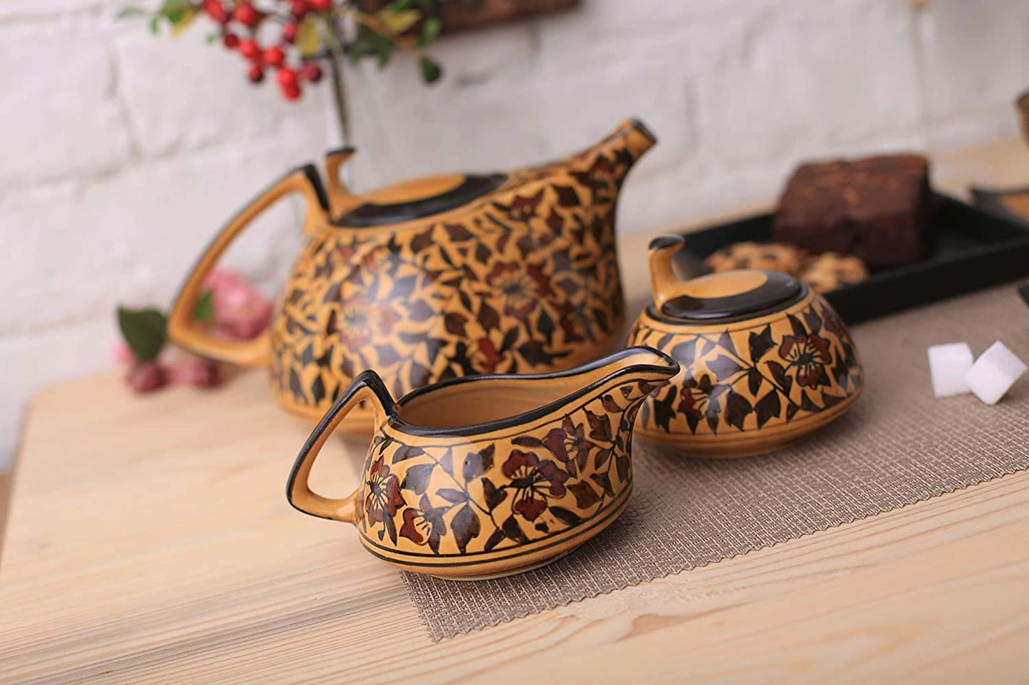 Caffeine Ceramic Handmade Stoneware Brown Sehra Tea Set of 15 - Caffeine Premium Stoneware