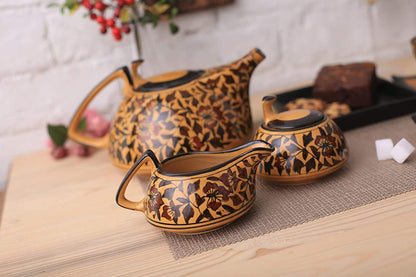 Caffeine Ceramic Handmade Stoneware Brown Sehra Tea Set of 15 - Caffeine Premium Stoneware