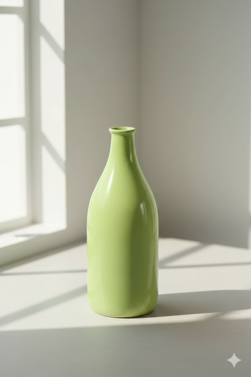 Green vase on a light surface with a window in the background