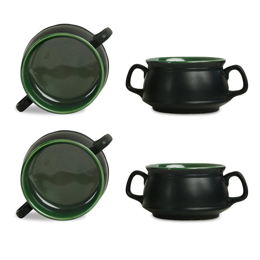 Caffeine Premium Ceramic Handmade Black & Green Double Handle Soup Bowl with Spoon Set 4 - Caffeine Premium Ceramic