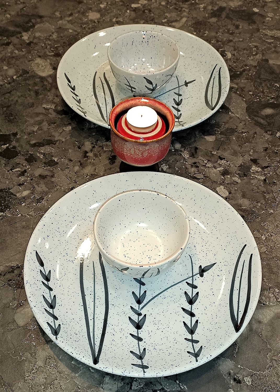 Caffeine Ceramic Stoneware Handmade White Bamboo Combo Dinner Set of 8  - Caffeine Premium Stoneware