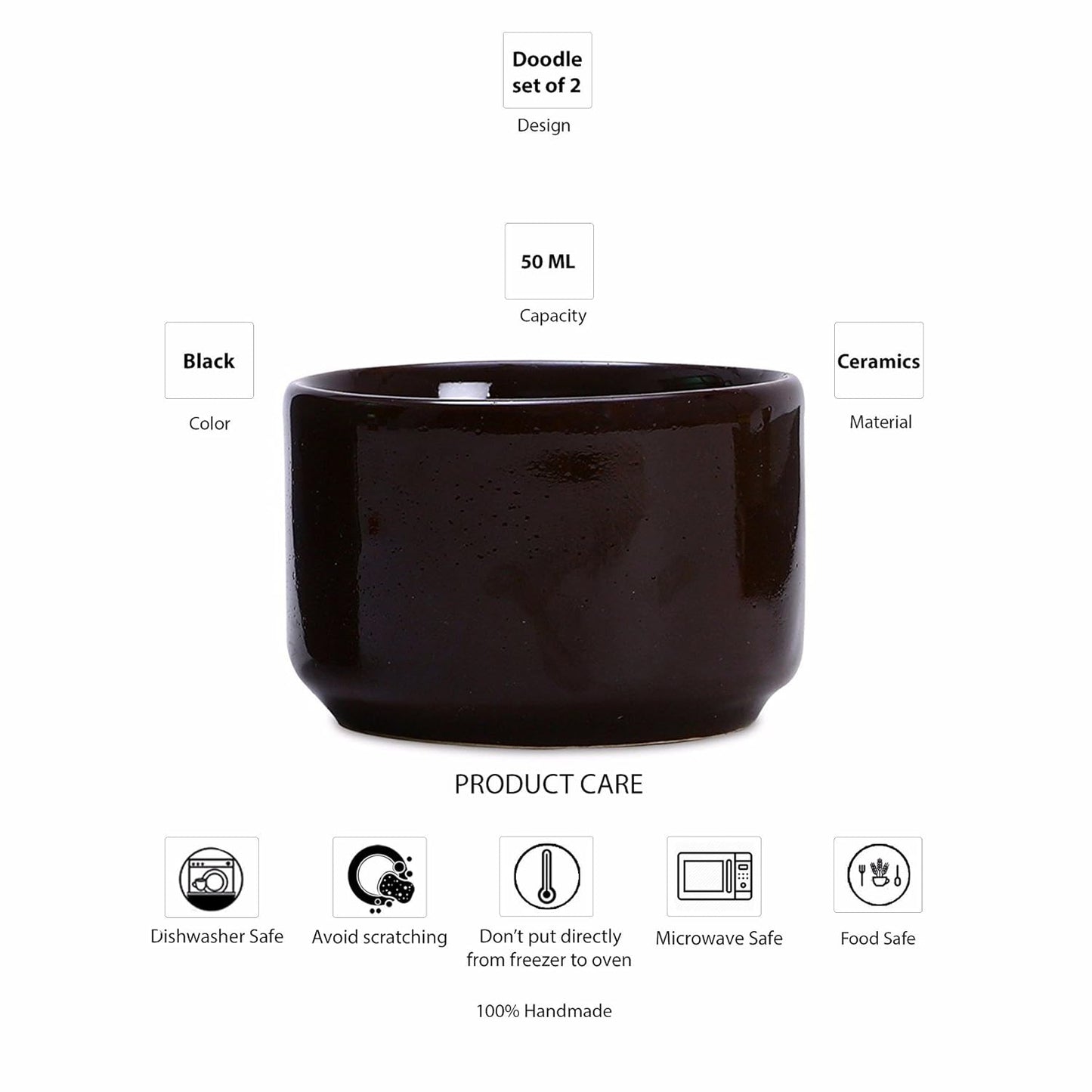 Caffeine Ceramic Handmade Glossy Black Dip and Sauce (Set of 2, 50 ml) - Caffeine Premium Stoneware