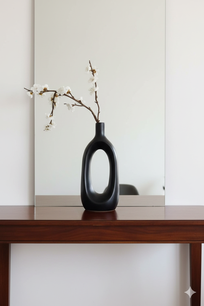 Black vase with branches on a wooden table in front of a mirror