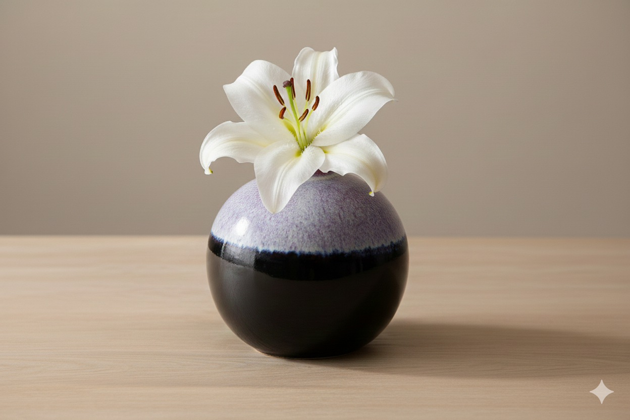 Spherical black and gray vase with a white flower on a wooden surface