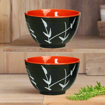 Caffeine Ceramic Handmade Black & red Bamboo Dessert Bowl (Set of 4, 150 ml) - Caffeine Premium Stoneware