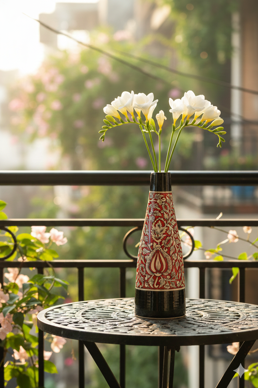Decorative vase with white flowers on a small table outdoors
