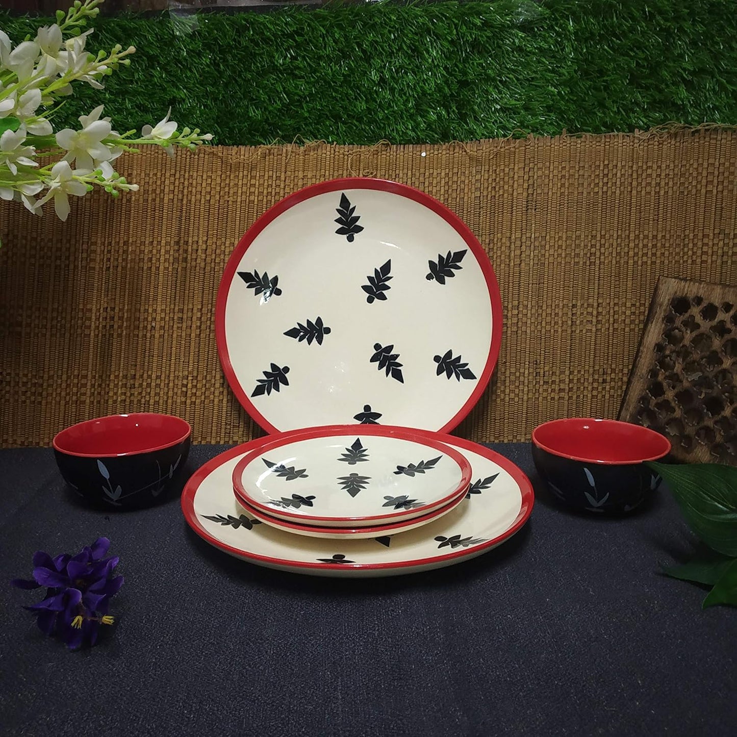 Caffeine Ceramic Handmade Black Tree Combo Dinner Set (6 pcs.)