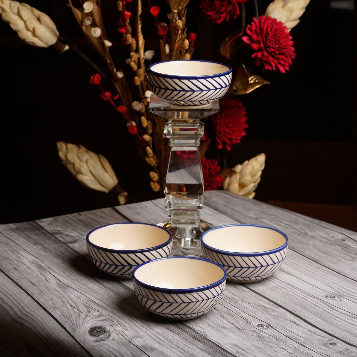 Caffeine Ceramic Handmade Royal Blue Chevron Katori Bowls (200 ml, Set of 6) - Caffeine Premium Stoneware