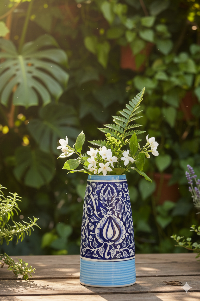 Blue and white patterned vase with flowers on a wooden surface against a green leafy background
