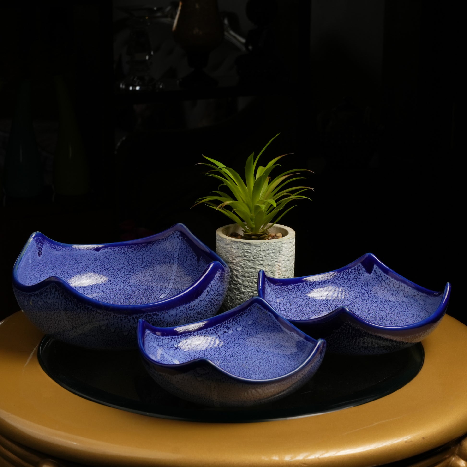 Caffeine Ceramic Handmade Blue Glossy Cut Serving Bowl (Set of 3) - Caffeine Premium Stoneware