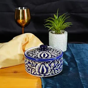 Caffeine Ceramic Handmade Blue Mughal Serving Donga Casserole with lid (set of 1, Large )