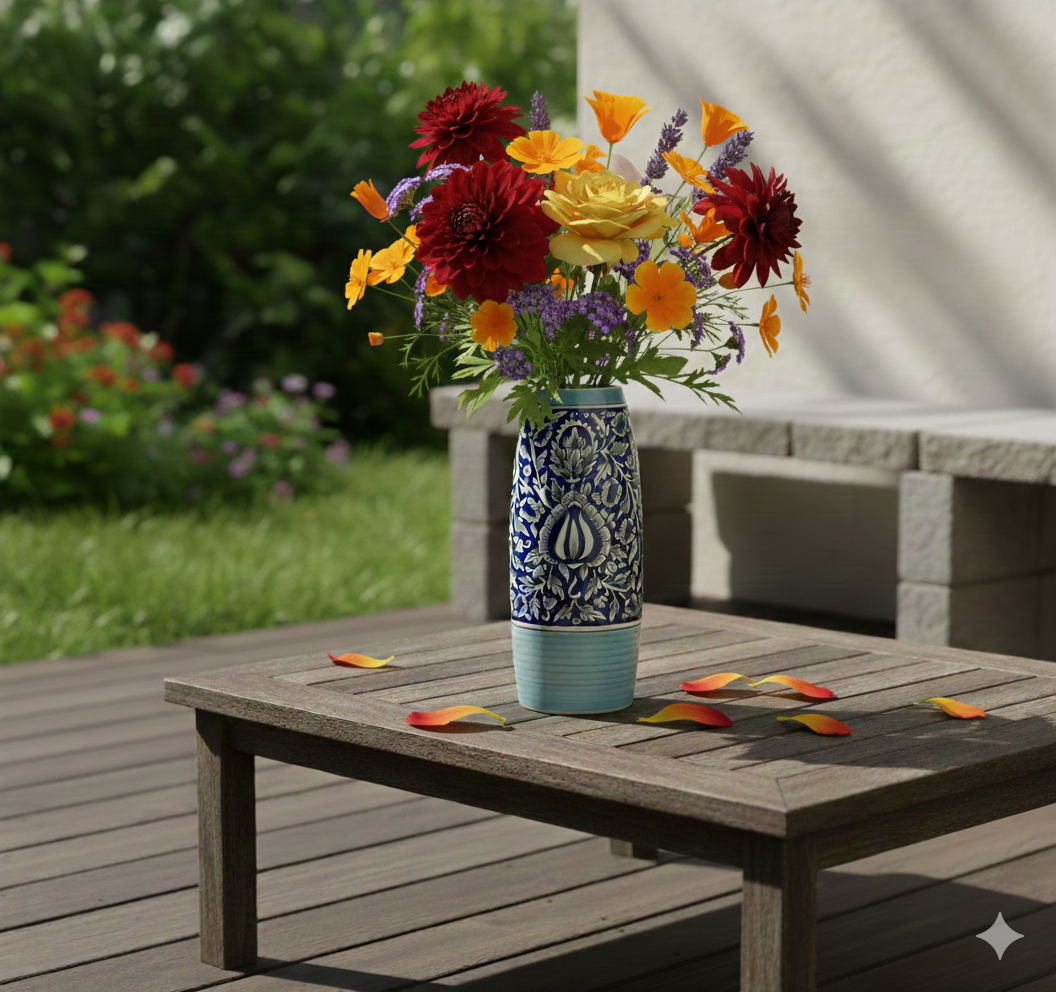 Colorful bouquet in a decorative vase on a wooden table outdoors.