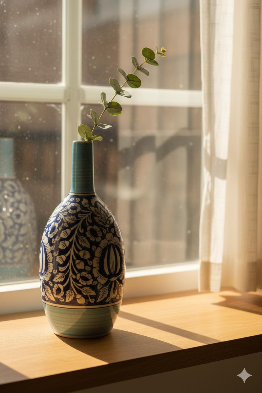 Decorative ceramic vase with floral patterns on a windowsill