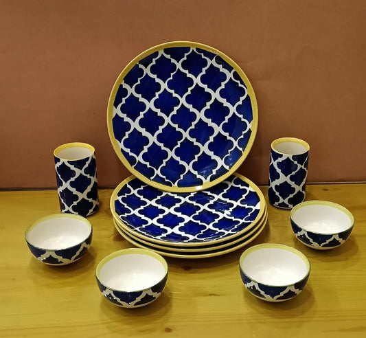 Caffeine Ceramic Handmade Blue Umrao Combo Dinner Set (10 pcs.)