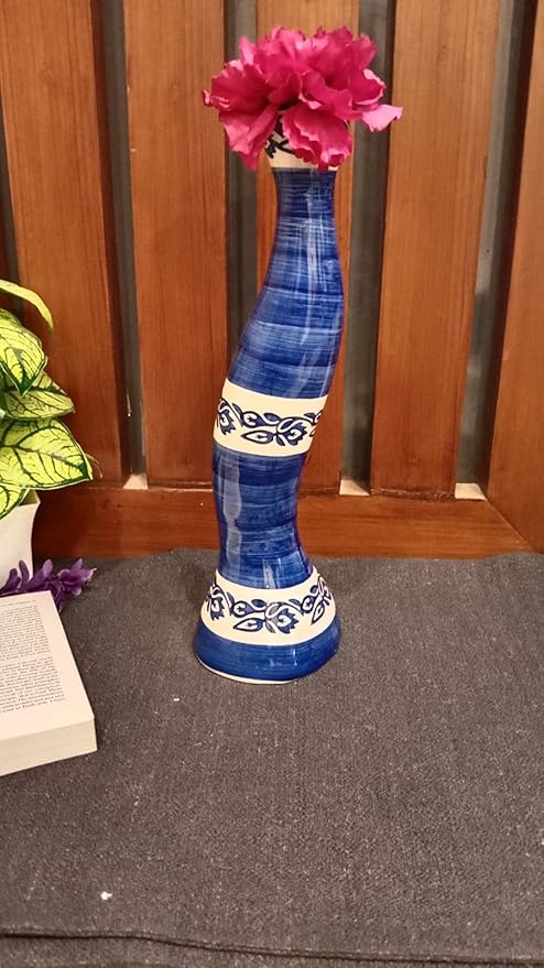 Elegant handmade ceramic printed flower vase in glossy blue and white tones, artistic home decor centerpiece