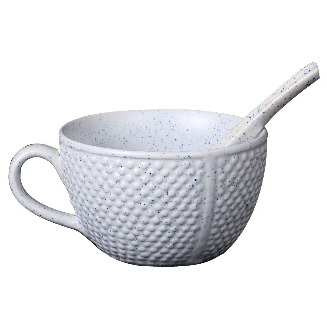 Caffeine Ceramic Handmade White Bubble Single Handled Soup Bowl with Spoon (Set of 2) - Caffeine Premium Stoneware