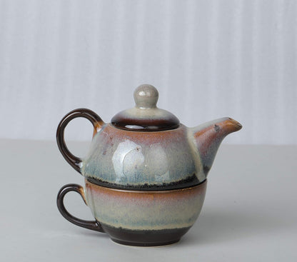 Caffeine Ceramic Handmade Brown Studio 2 in1 Tea Pot (Set of 1, Single Kettle with Cup)