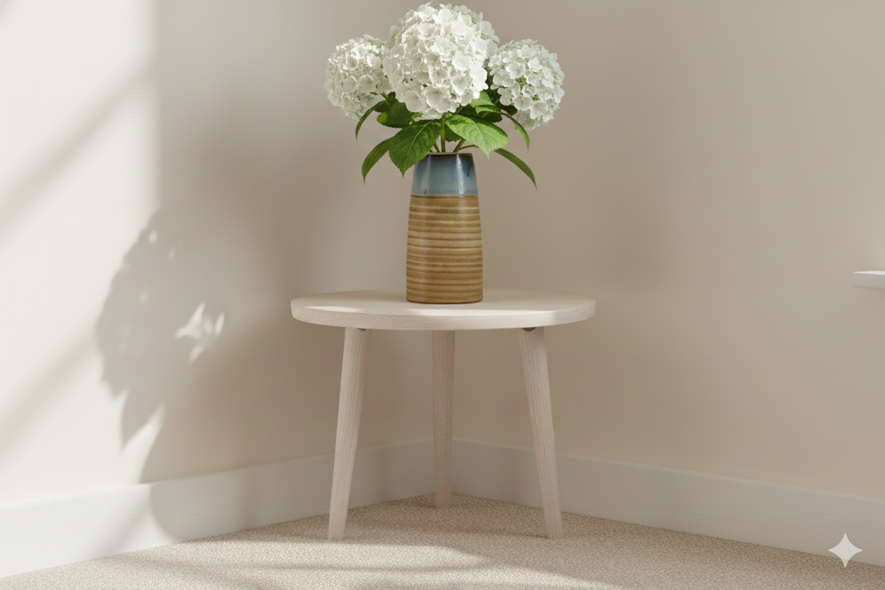 Small round table with a vase of flowers against a plain wall