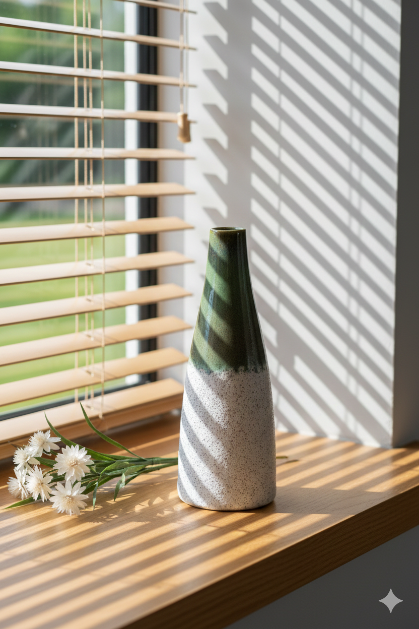 Decorative vase on a windowsill with sunlight casting shadows