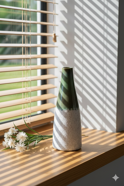 Decorative vase on a windowsill with sunlight casting shadows