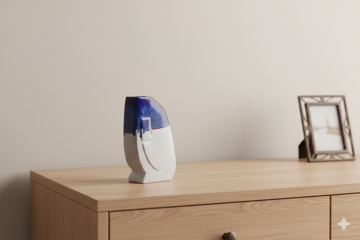 Decorative vase on a wooden surface with a neutral background