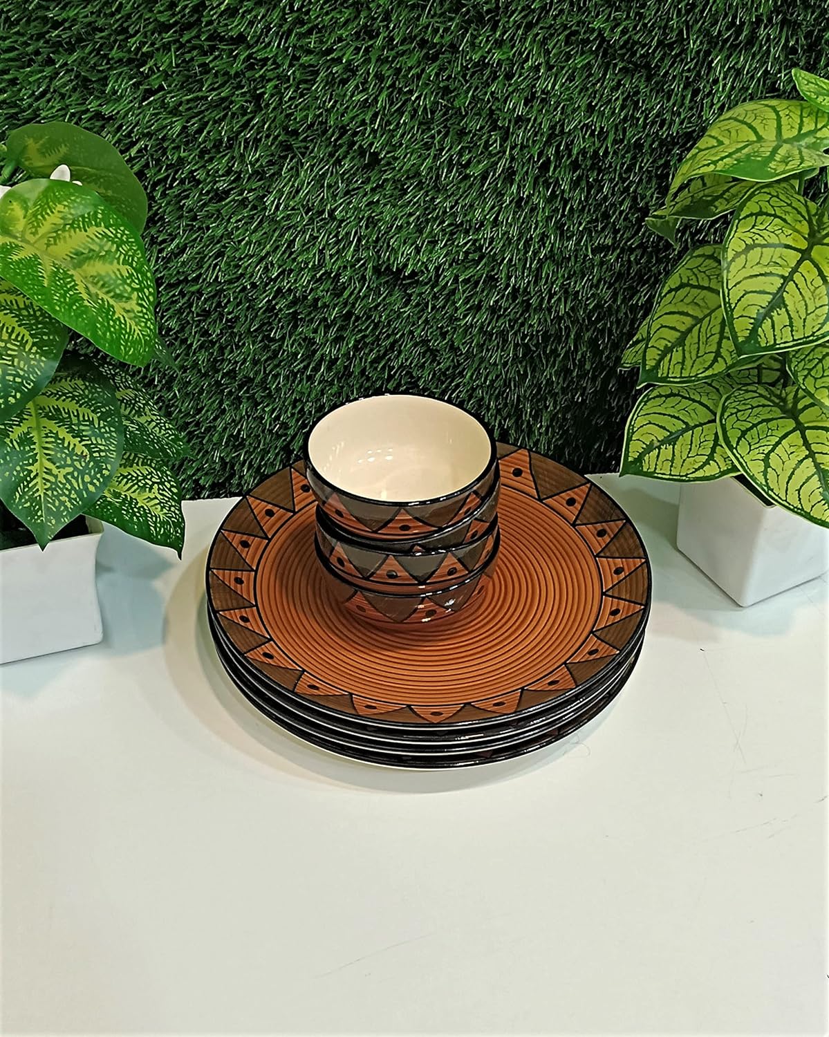 Caffeine Ceramic Handmade Stoneware Brown Soorya Combo Dinner Set of 8 - Caffeine Premium Stoneware