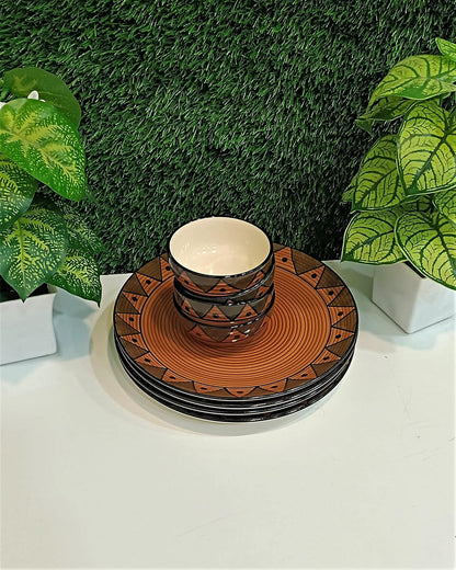 Caffeine Ceramic Handmade Stoneware Brown Soorya Combo Dinner Set of 8 - Caffeine Premium Stoneware