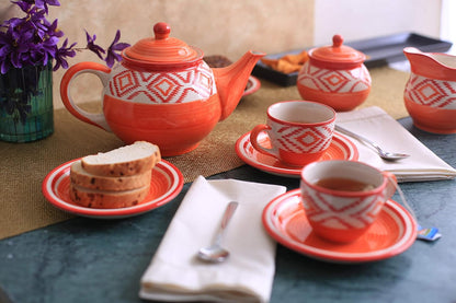 Caffeine Ceramic Handmade Stoneware Orange Zig zag Tea Set (Set of 15 pcs) - Caffeine Premium Stoneware