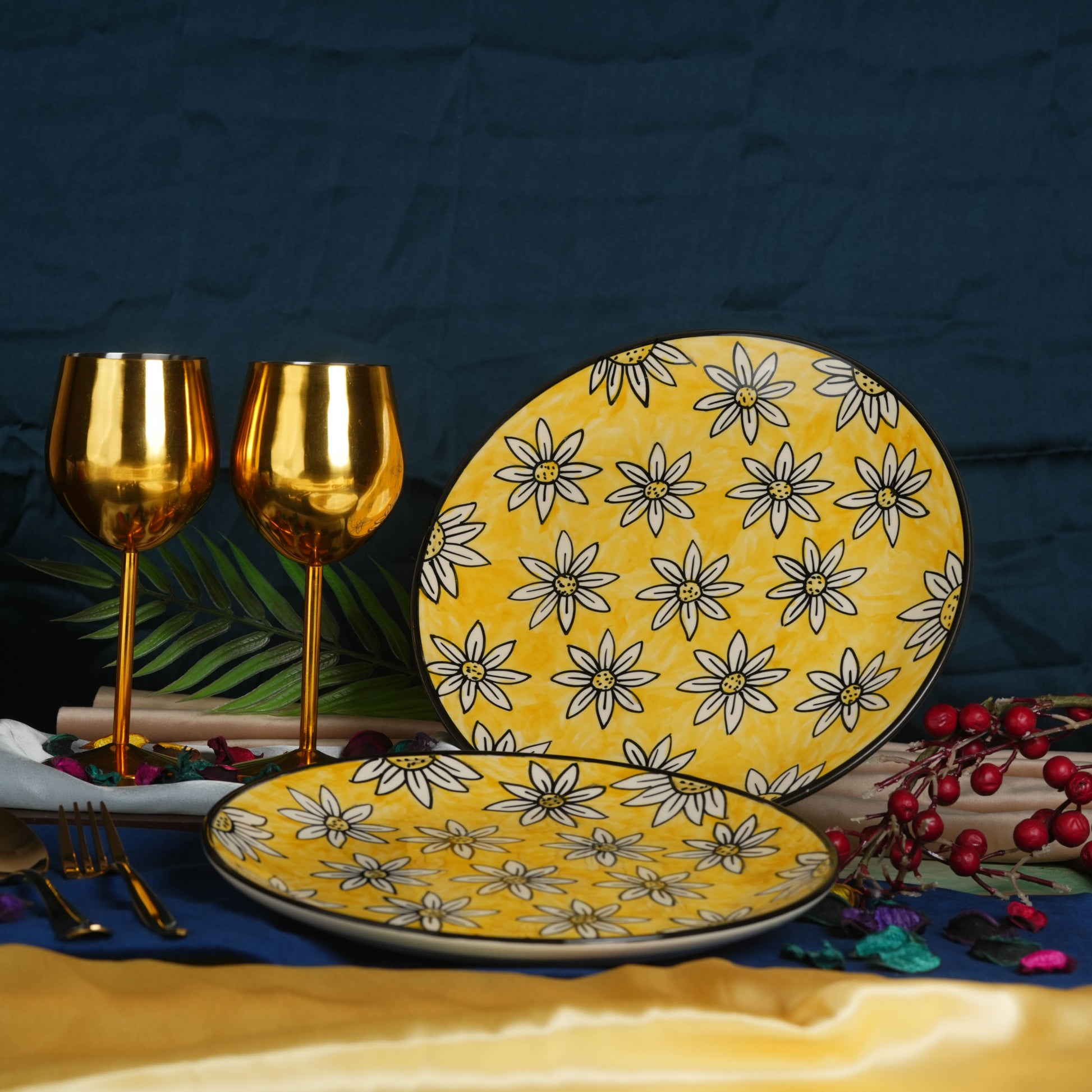 Caffeine Ceramic Handmade Californian Sunflower Printed set of 4 - Caffeine Premium Stoneware