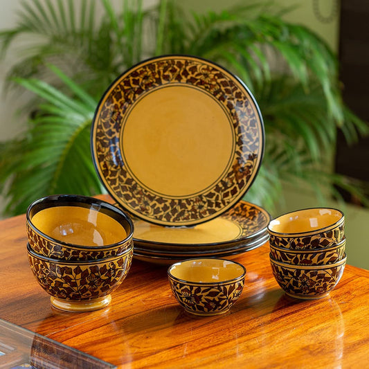 Caffeine Ceramic Handmade Brown Sehra Combo Dinner Set (10 pcs.)