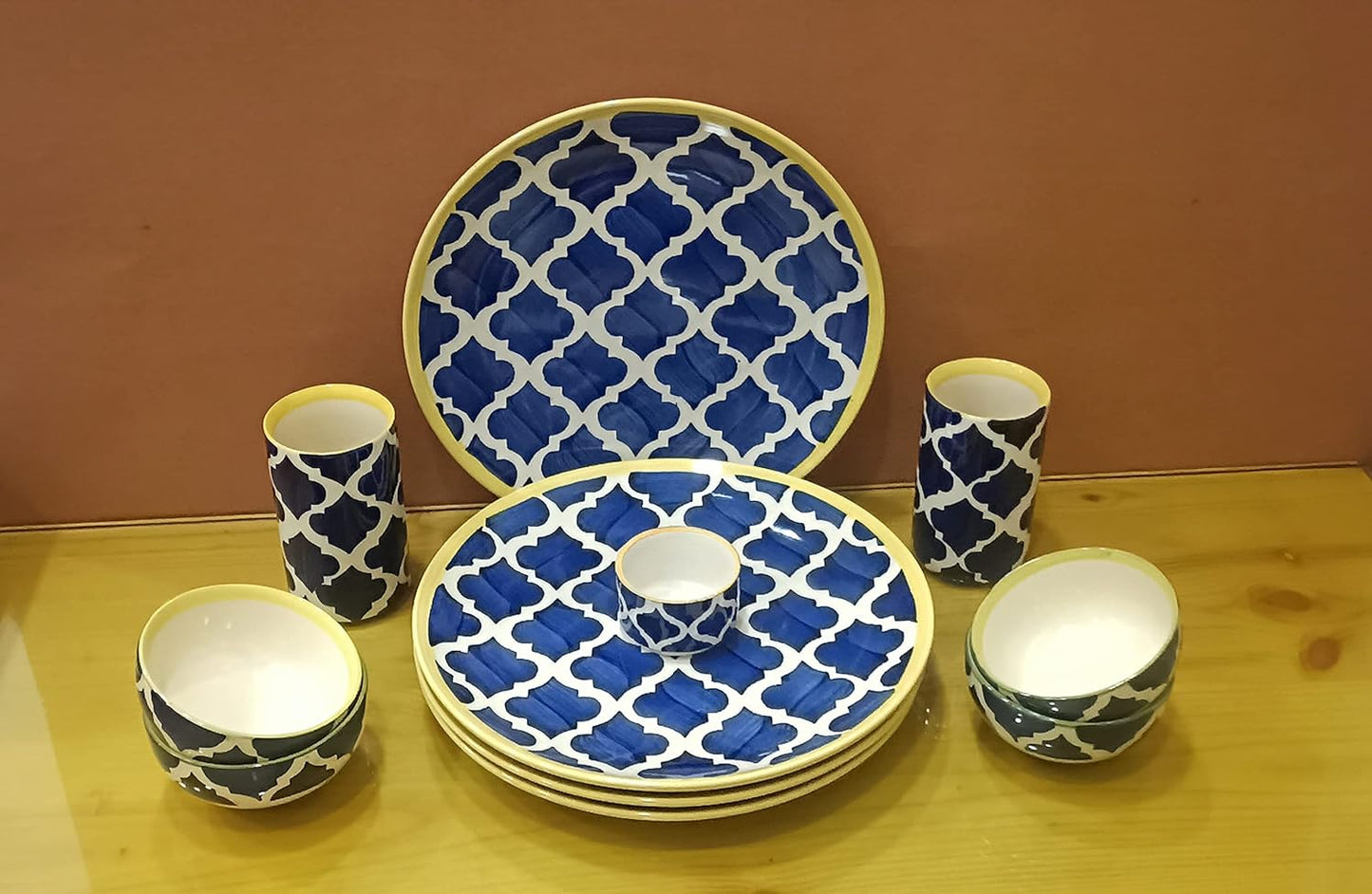 Caffeine Ceramic Handmade Blue Umrao Combo Dinner Set (Set of 11)