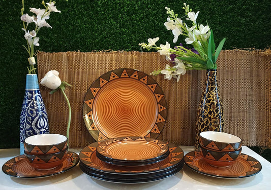 Caffeine Ceramic Handmade Brown Soorya Combo Dinner Set (12 pcs.)