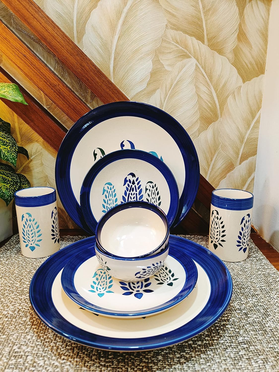 Caffeine Ceramic Handmade Blue Boota Combo Dinner set (8 pcs.)