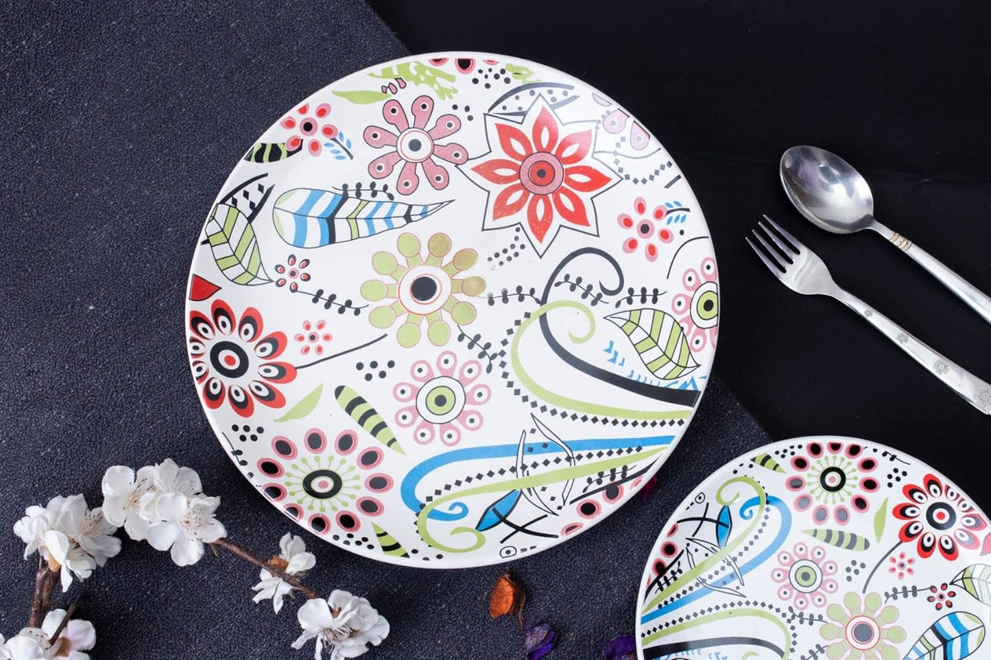 Caffeine Ceramic Handmade Multicolour Flower Design Combo Dinner Set 8 - Caffeine Premium Stoneware