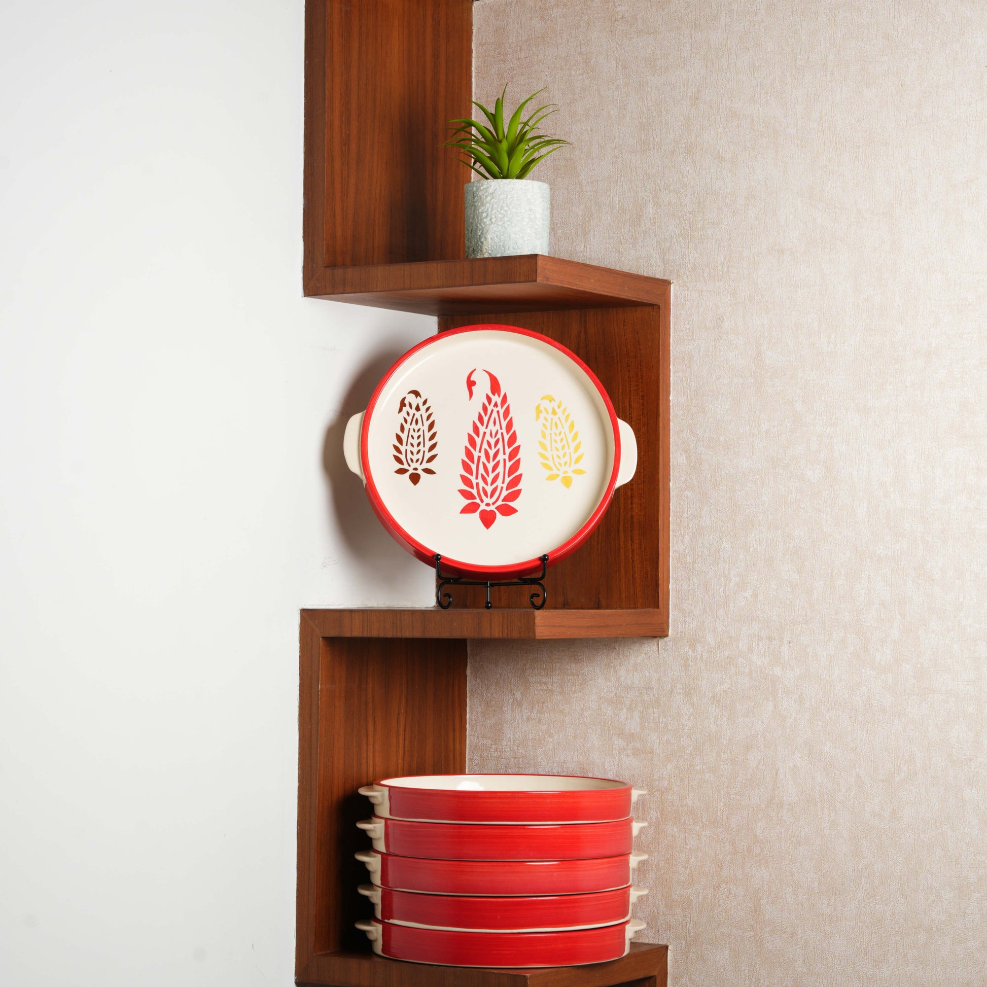 Caffeine Ceramic Stoneware Handmade Red Boota Sizzler Tray 9.5 Inch (Set of 6) - Caffeine Premium Stoneware