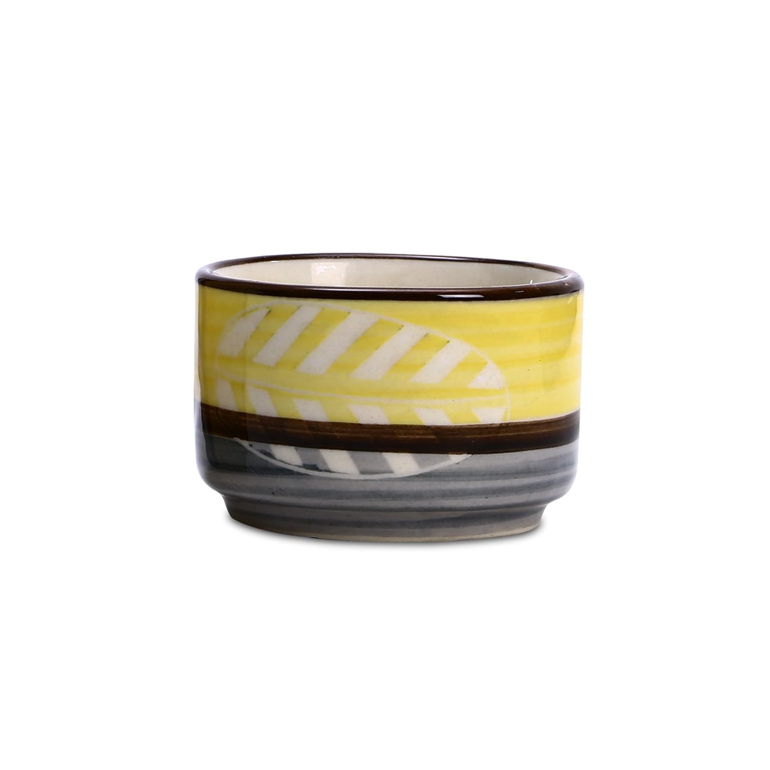 Caffeine Ceramic Stoneware Handmade Yellow & Grey Leaf Round Dip and Sauce (Set of 6, 50 ml) - Caffeine Premium Stoneware