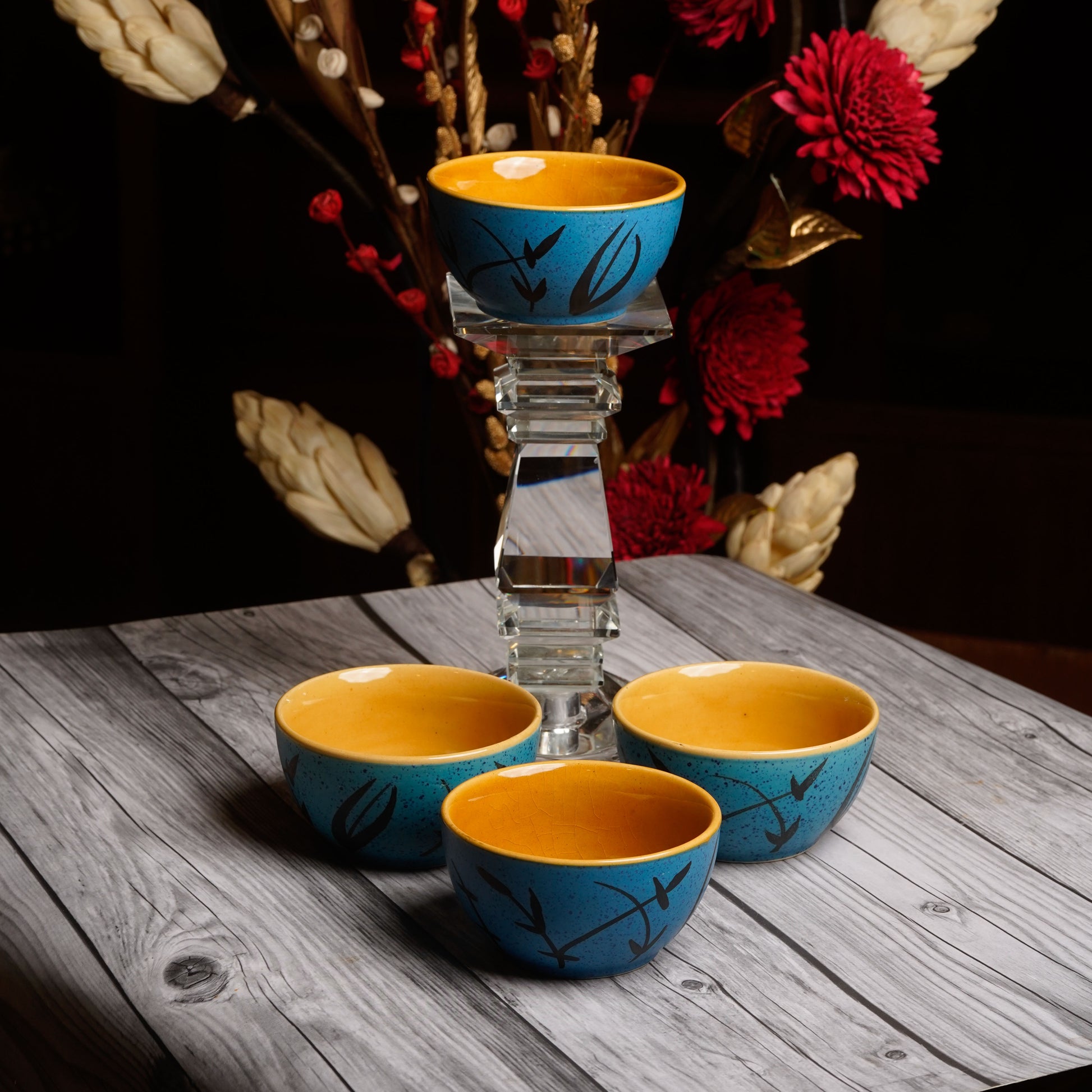 Caffeine Ceramic Handmade Golden Turquoise Katori Bowl- Set of 4 - Caffeine Premium Stoneware